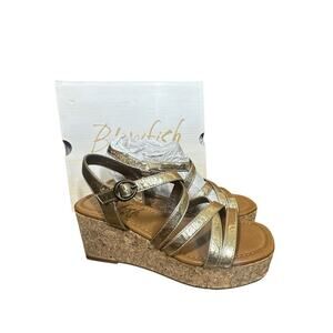 NEW Blowfish Malibu Aurora Gold Strappy Cork Wedge Platform Buckle Sandals 8M